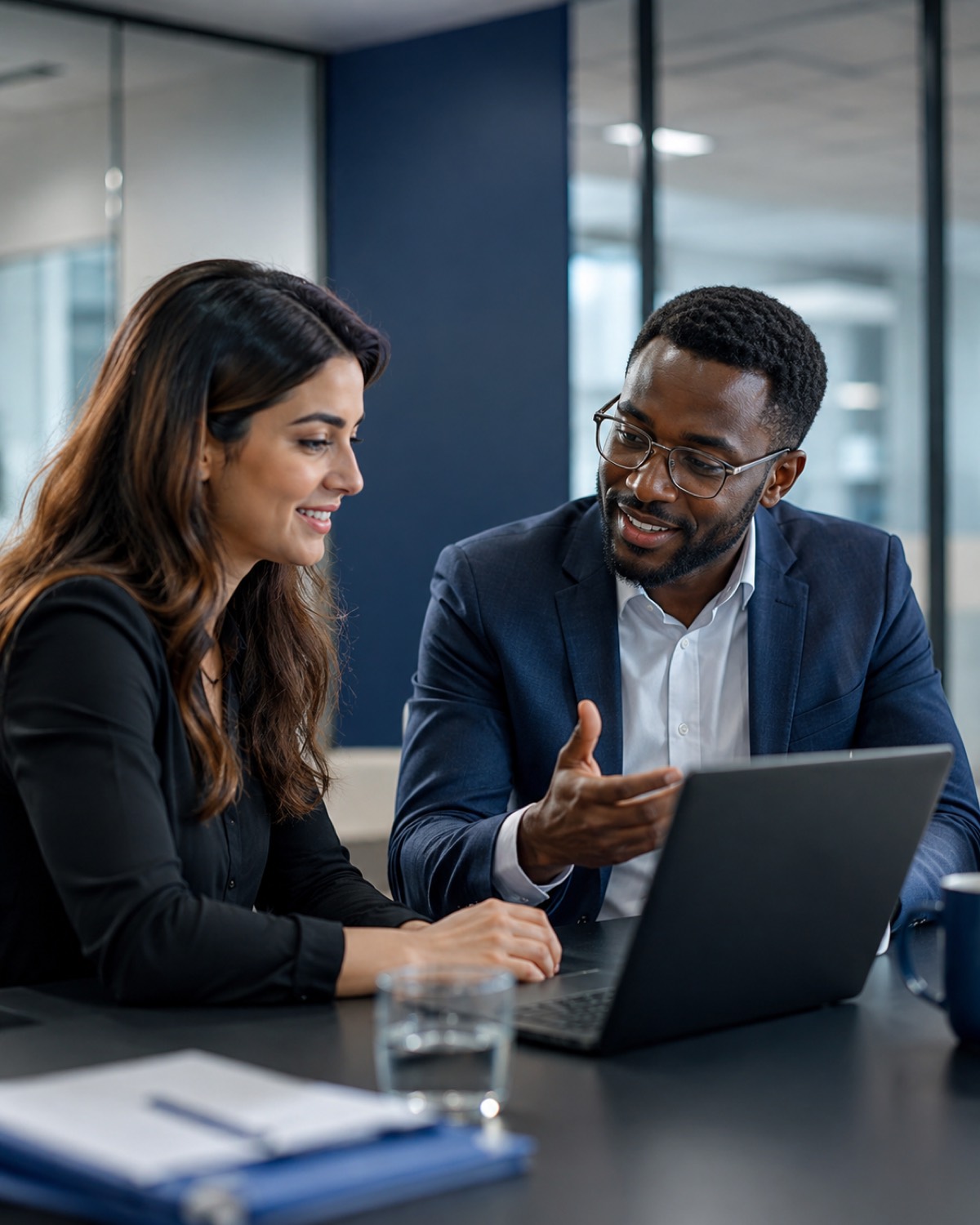Two colleagues working through an advisory session at a laptop.