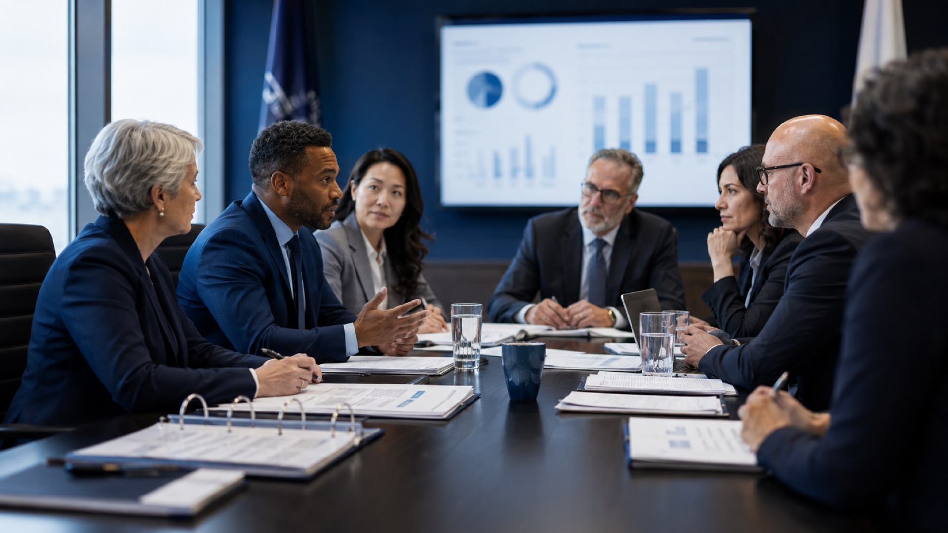 Council leaders and officers in a boardroom reviewing data and reports during a meeting.